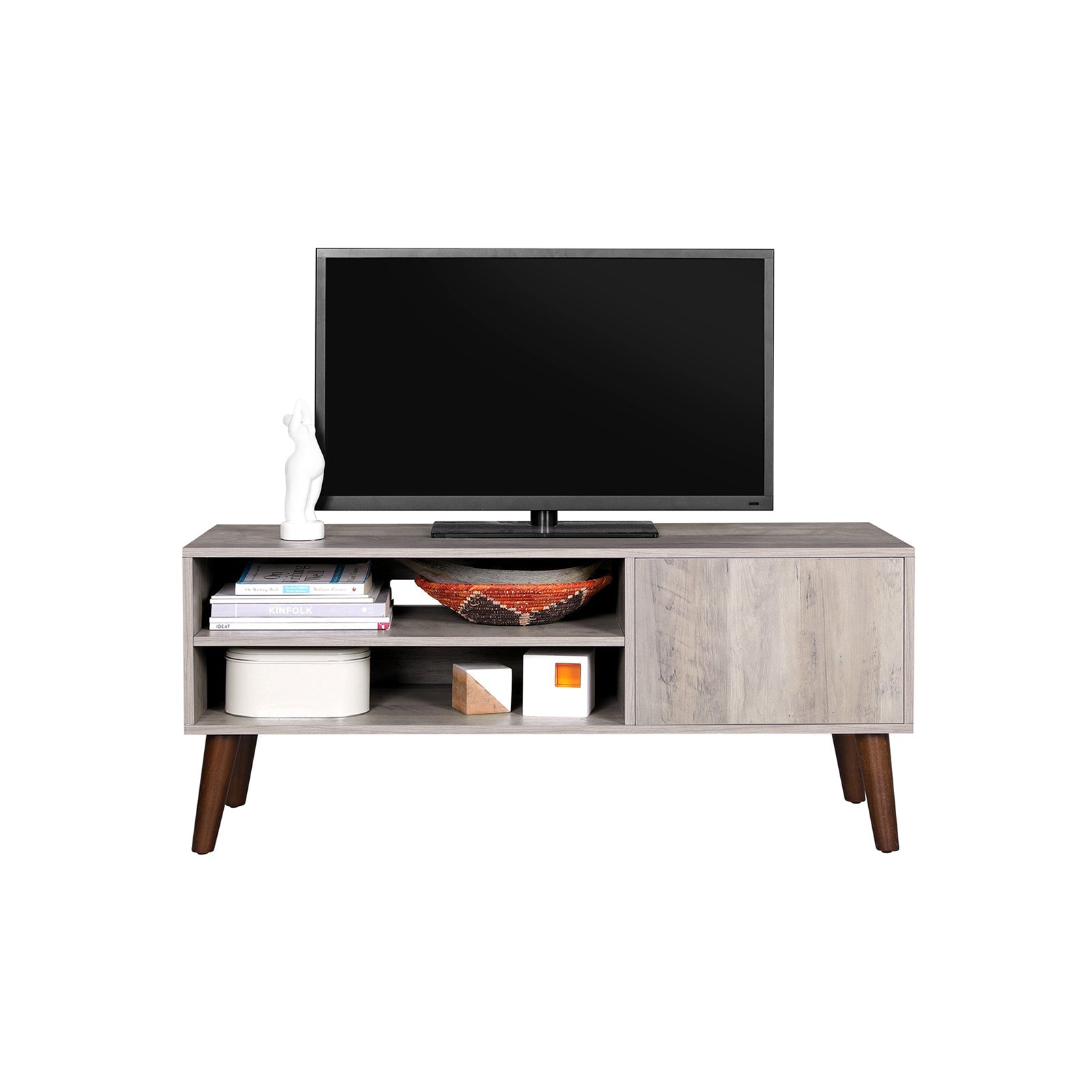 TV Stand – Wood – Gray – Mid-Century Modern Design with Cabinet for TVs up to 43 Inches