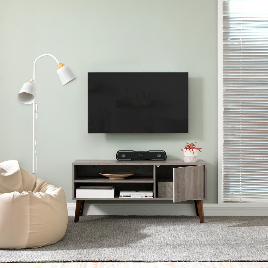 TV Stand – Wood – Gray – Mid-Century Modern Design with Cabinet for TVs up to 43 Inches