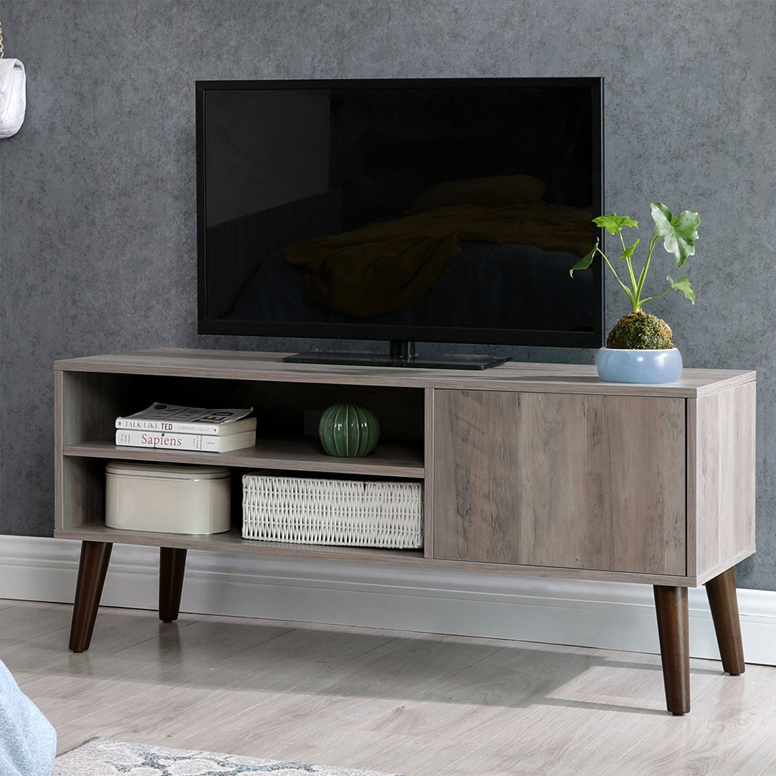 TV Stand – Wood – Gray – Mid-Century Modern Design with Cabinet for TVs up to 43 Inches