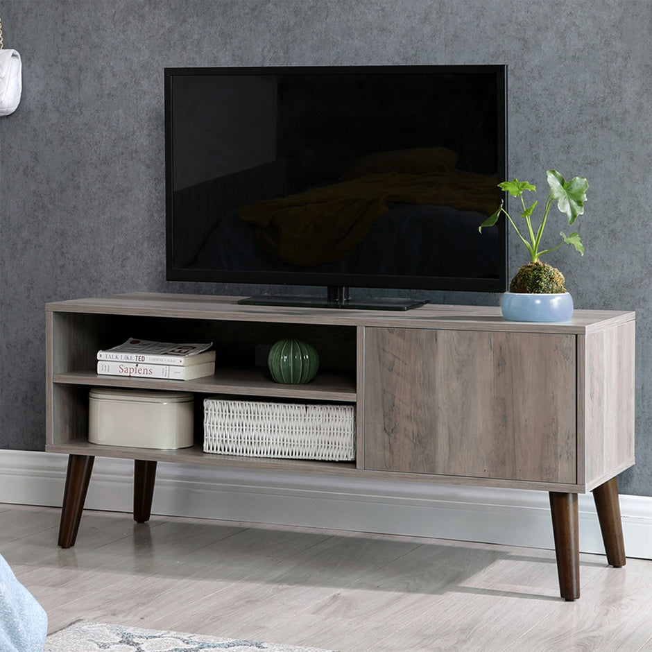 TV Stand – Wood – Gray – Mid-Century Modern Design with Cabinet for TVs up to 43 Inches