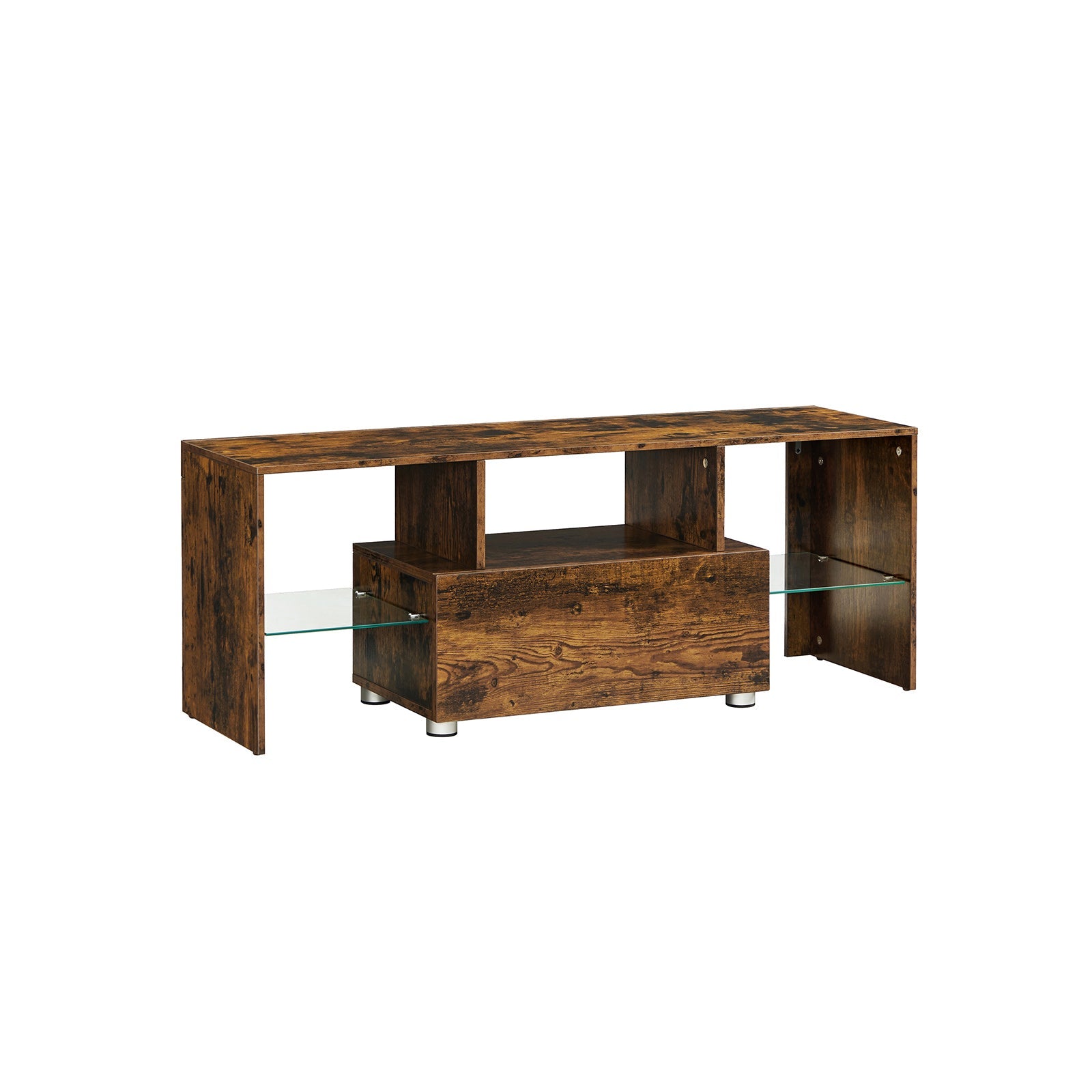 TV Stand – Wood and Glass – Rustic Brown – Features Drawer and Glass Storage Shelves for TVs up to 55 Inches