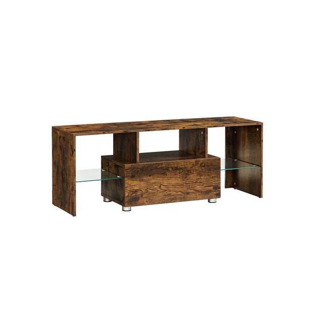 TV Stand – Wood and Glass – Rustic Brown – Features Drawer and Glass Storage Shelves for TVs up to 55 Inches