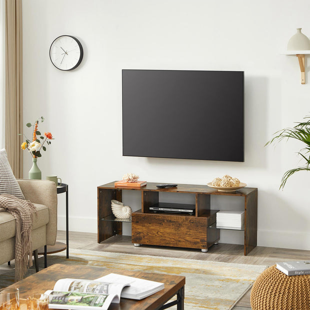 TV Stand – Wood and Glass – Rustic Brown – Features Drawer and Glass Storage Shelves for TVs up to 55 Inches
