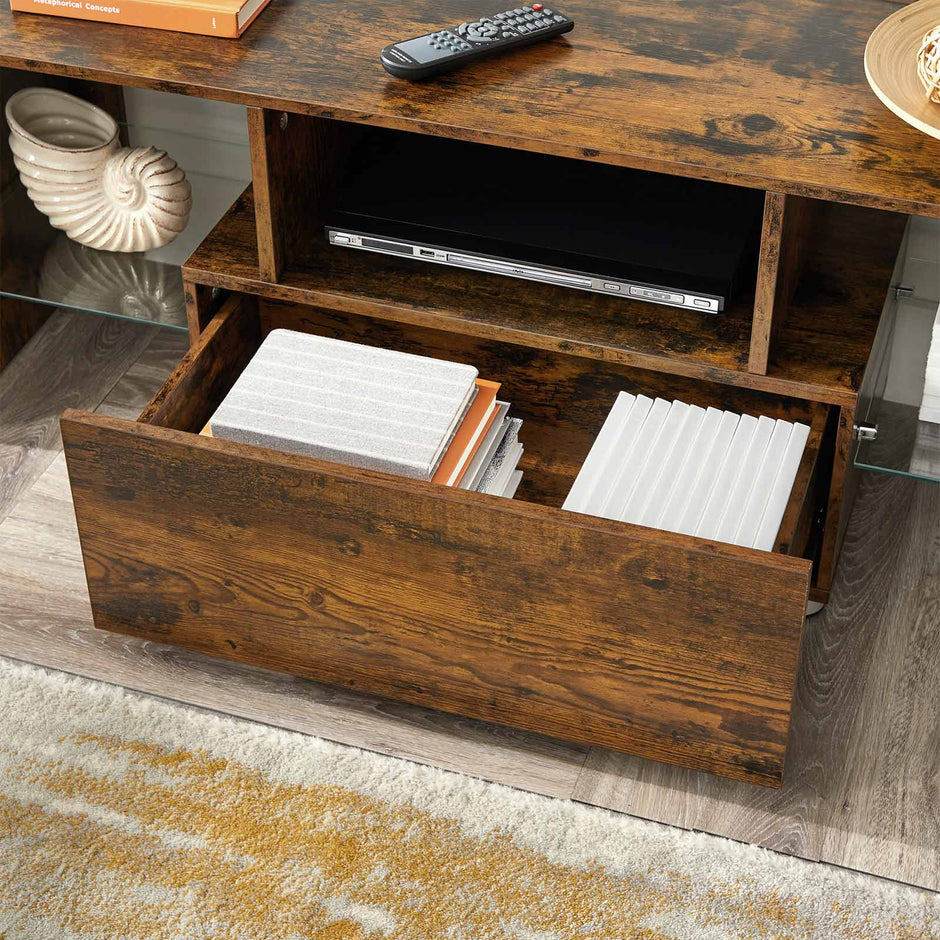 TV Stand – Wood and Glass – Rustic Brown – Features Drawer and Glass Storage Shelves for TVs up to 55 Inches