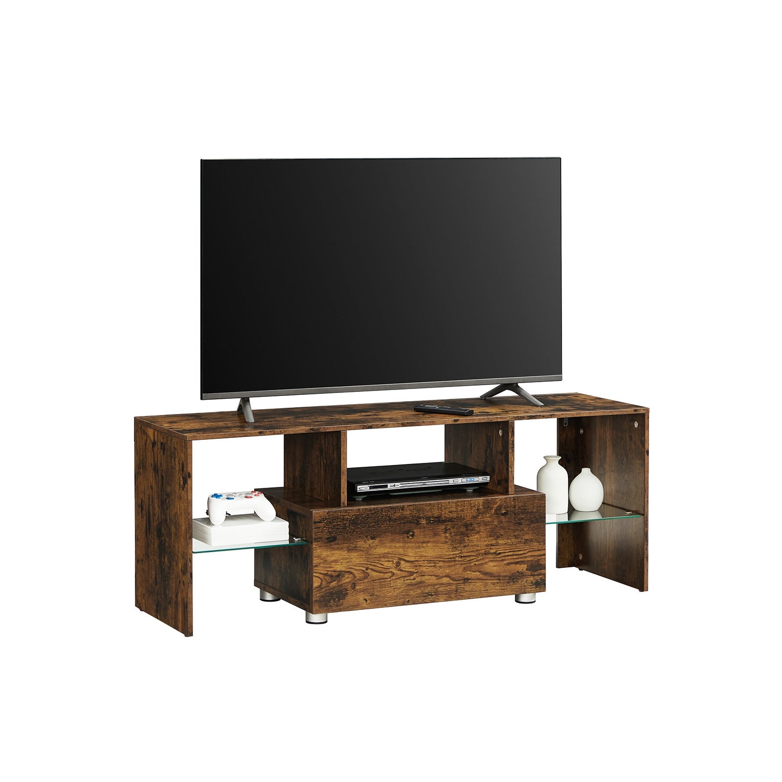 TV Stand – Wood and Glass – Rustic Brown – Features Drawer and Glass Storage Shelves for TVs up to 55 Inches