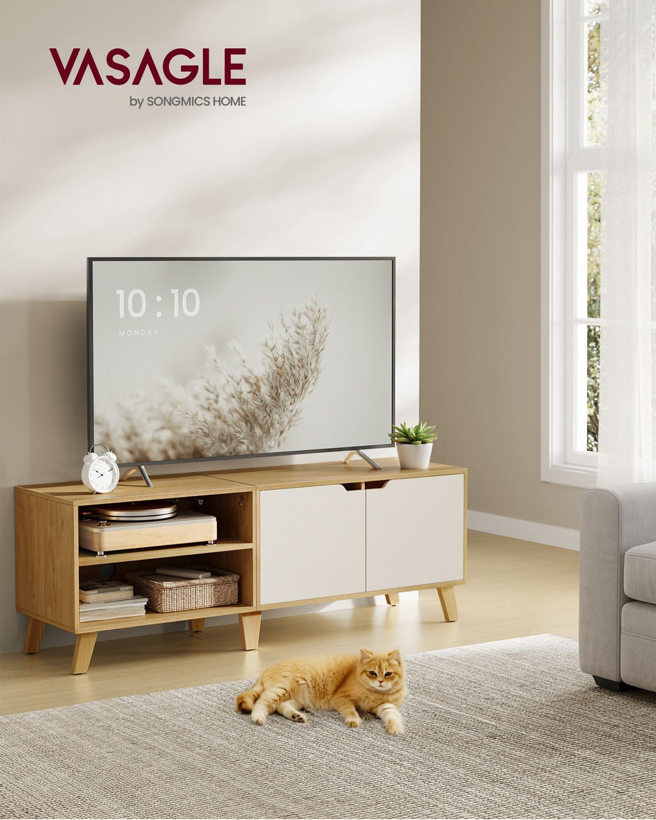 TV Cabinet – Wood – Straw Yellow and Cream White – Adjustable Shelves, for TVs up to 60 Inches