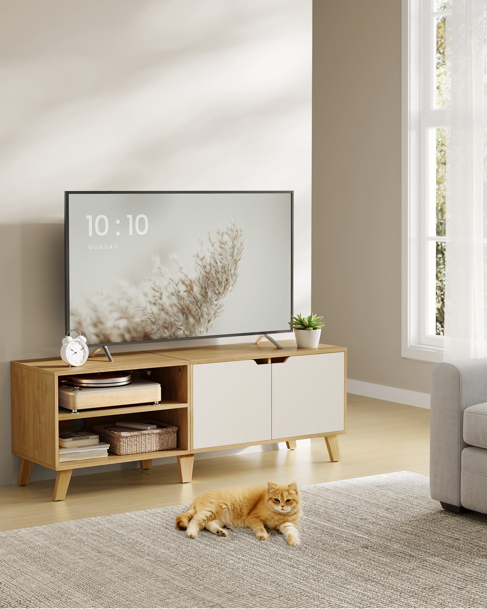 TV Cabinet – Wood – Straw Yellow and Cream White – Adjustable Shelves, for TVs up to 60 Inches