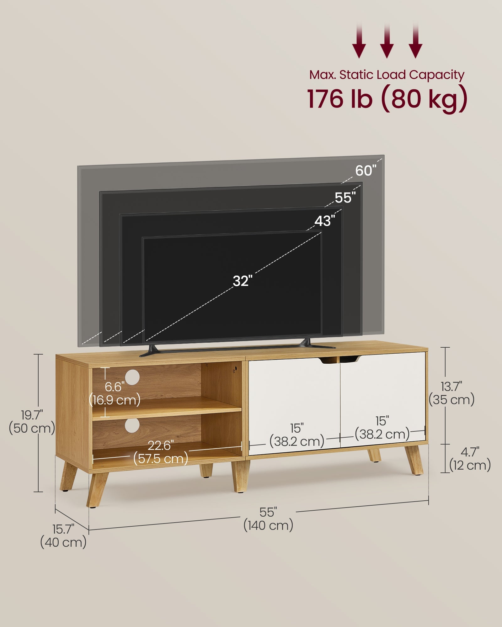 TV Cabinet – Wood – Straw Yellow and Cream White – Adjustable Shelves, for TVs up to 60 Inches