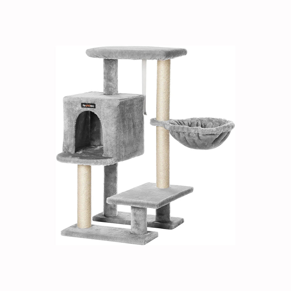 Cat Tree – Plywood – Light Grey – Features Scratching Post and Hammock