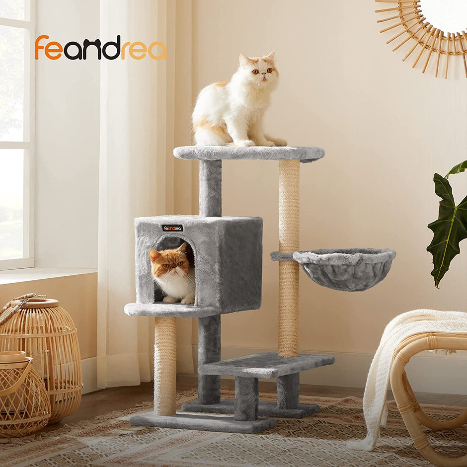 Cat Tree – Plywood – Light Grey – Features Scratching Post and Hammock