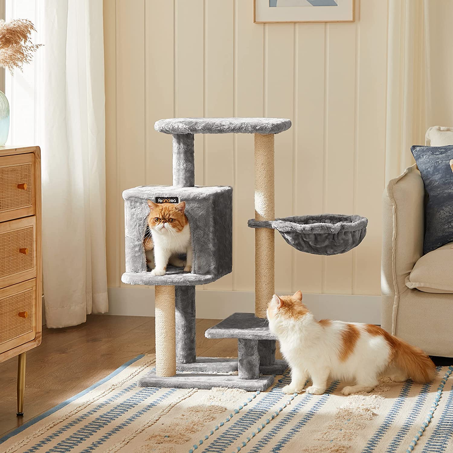 Cat Tree – Plywood – Light Grey – Features Scratching Post and Hammock