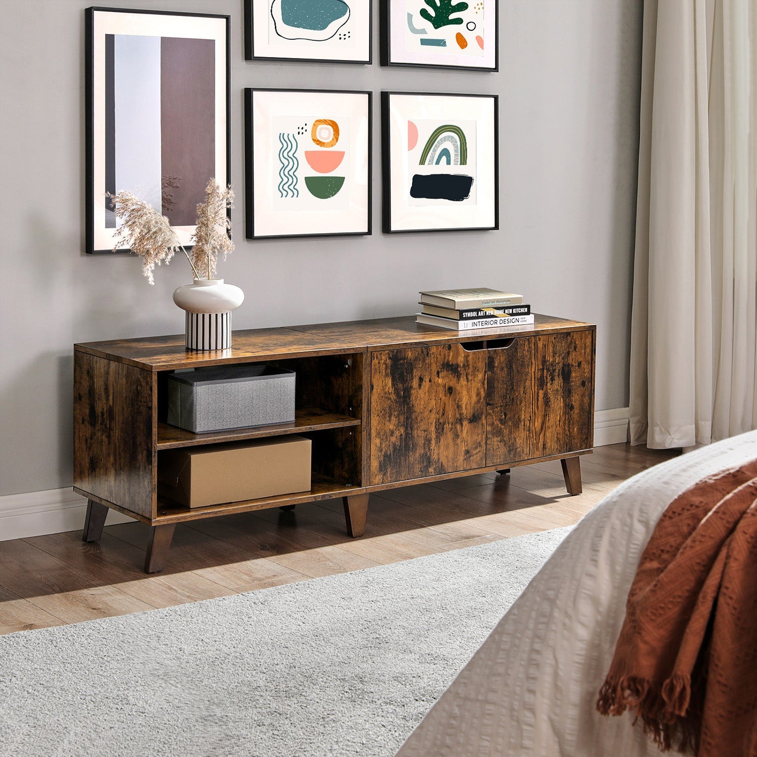 TV Cabinet – Engineered Wood – Rustic Brown – Suitable for TVs up to 60 Inches with Adjustable Shelves