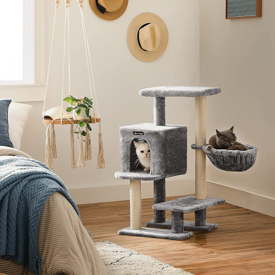 Cat Tree – Plywood – Light Grey – Features Scratching Post and Hammock