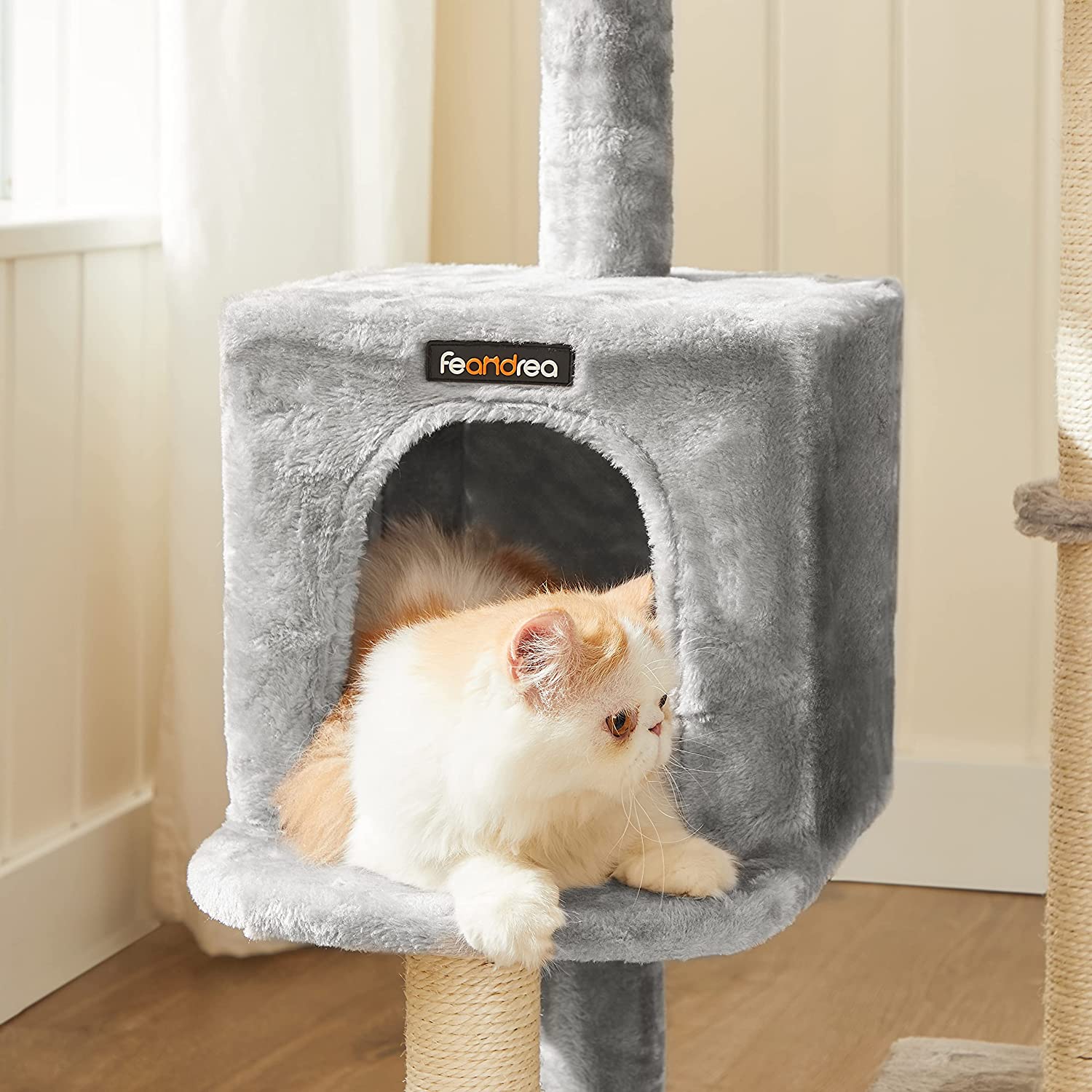 Cat Tree – Plywood – Light Grey – Features Scratching Post and Hammock