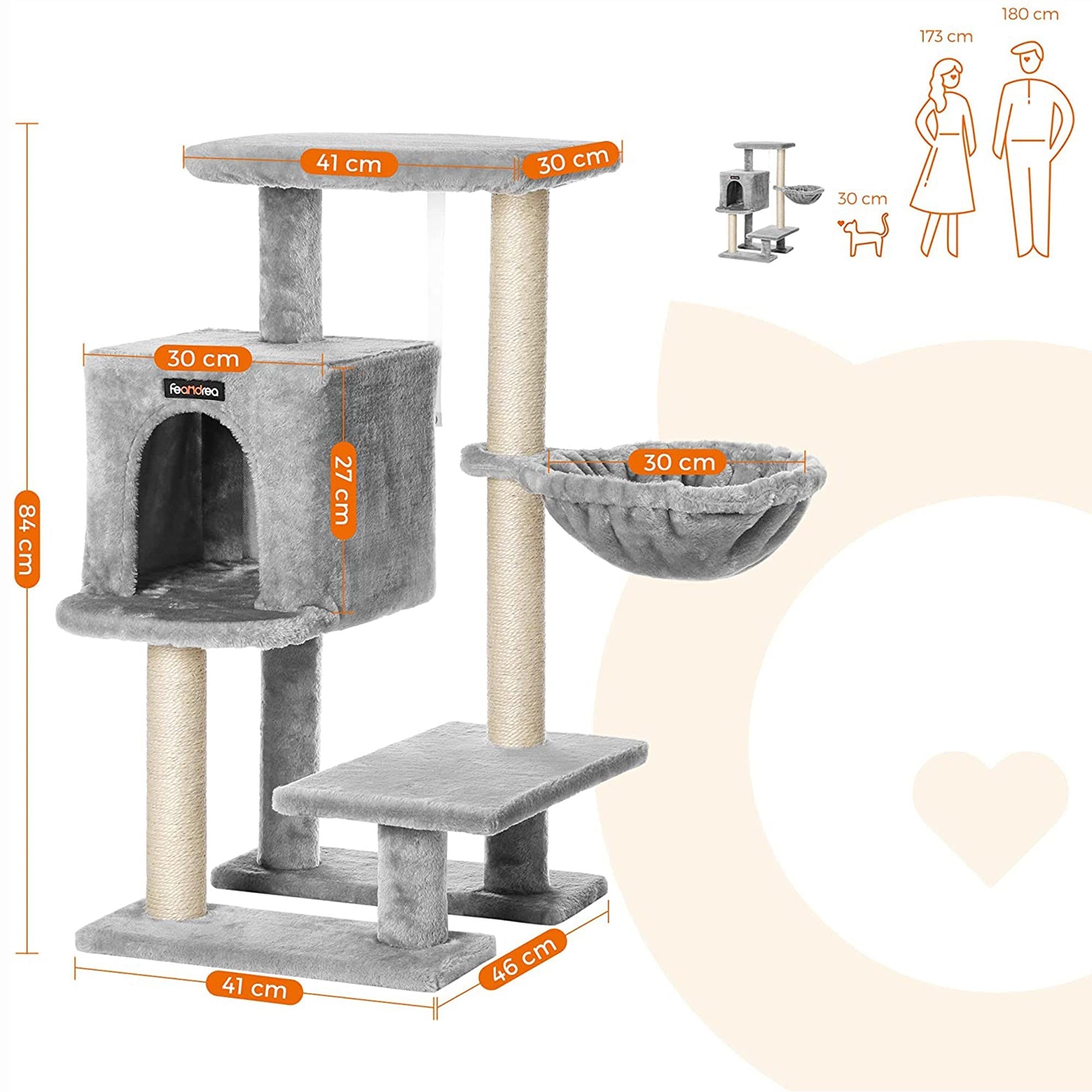 Cat Tree – Plywood – Light Grey – Features Scratching Post and Hammock