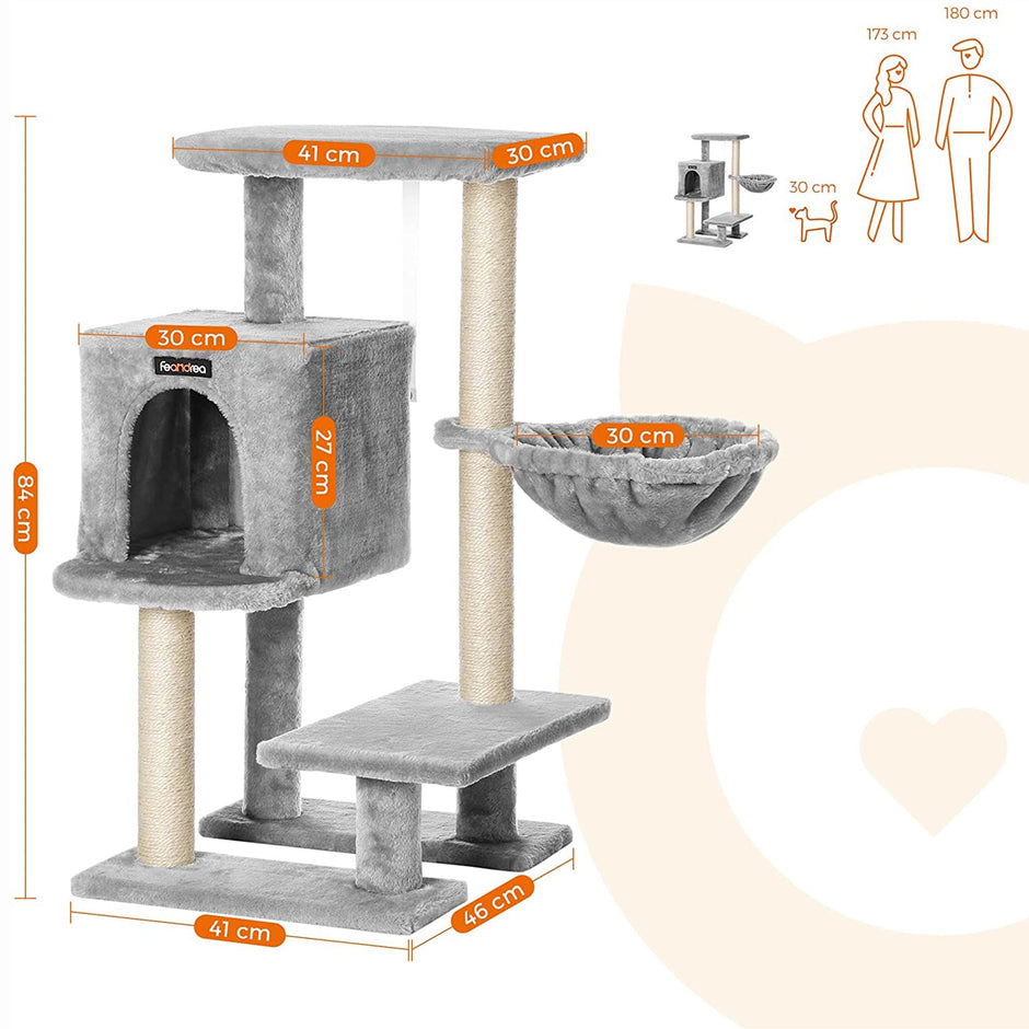Cat Tree – Plywood – Light Grey – Features Scratching Post and Hammock