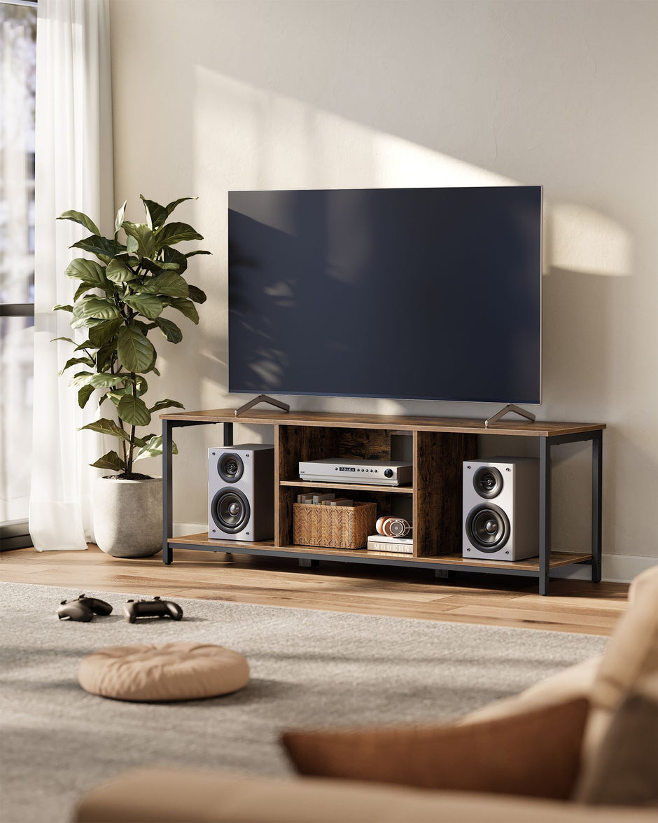 TV Stand – Engineered Wood – Rustic Brown and Ink Black – Open Shelves for TVs up to 65 Inches