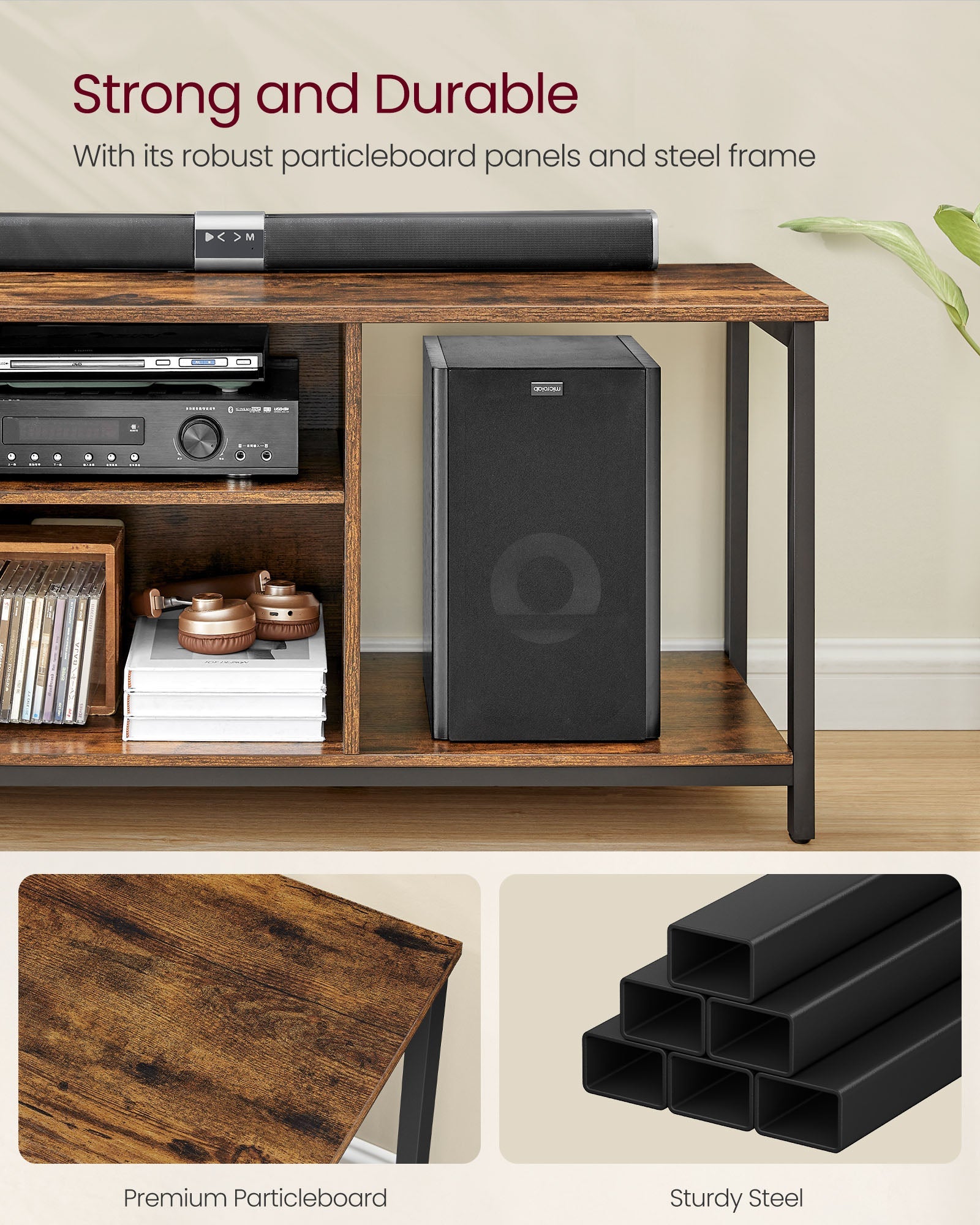 TV Stand – Engineered Wood – Rustic Brown and Ink Black – Open Shelves for TVs up to 65 Inches
