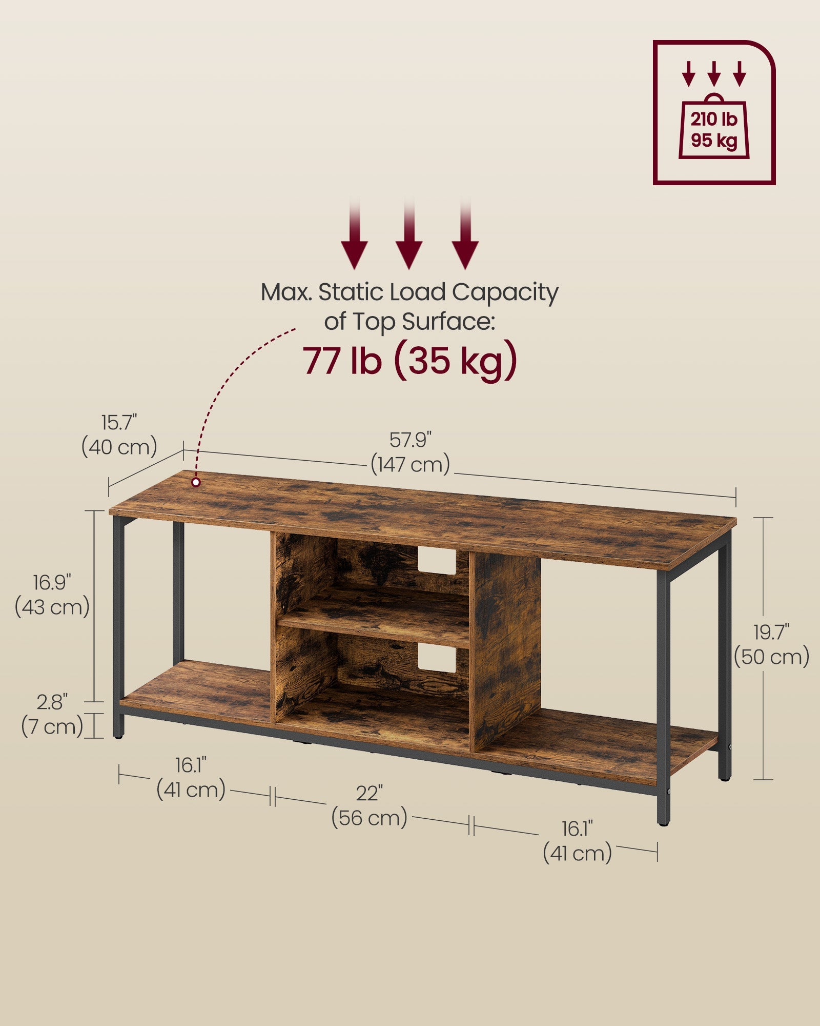 TV Stand – Engineered Wood – Rustic Brown and Ink Black – Open Shelves for TVs up to 65 Inches