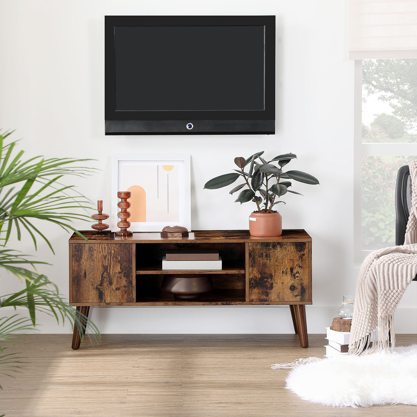 Retro TV Stand – Wood – Dark Brown – Mid-Century Modern Design for Flat Screen TVs and Consoles