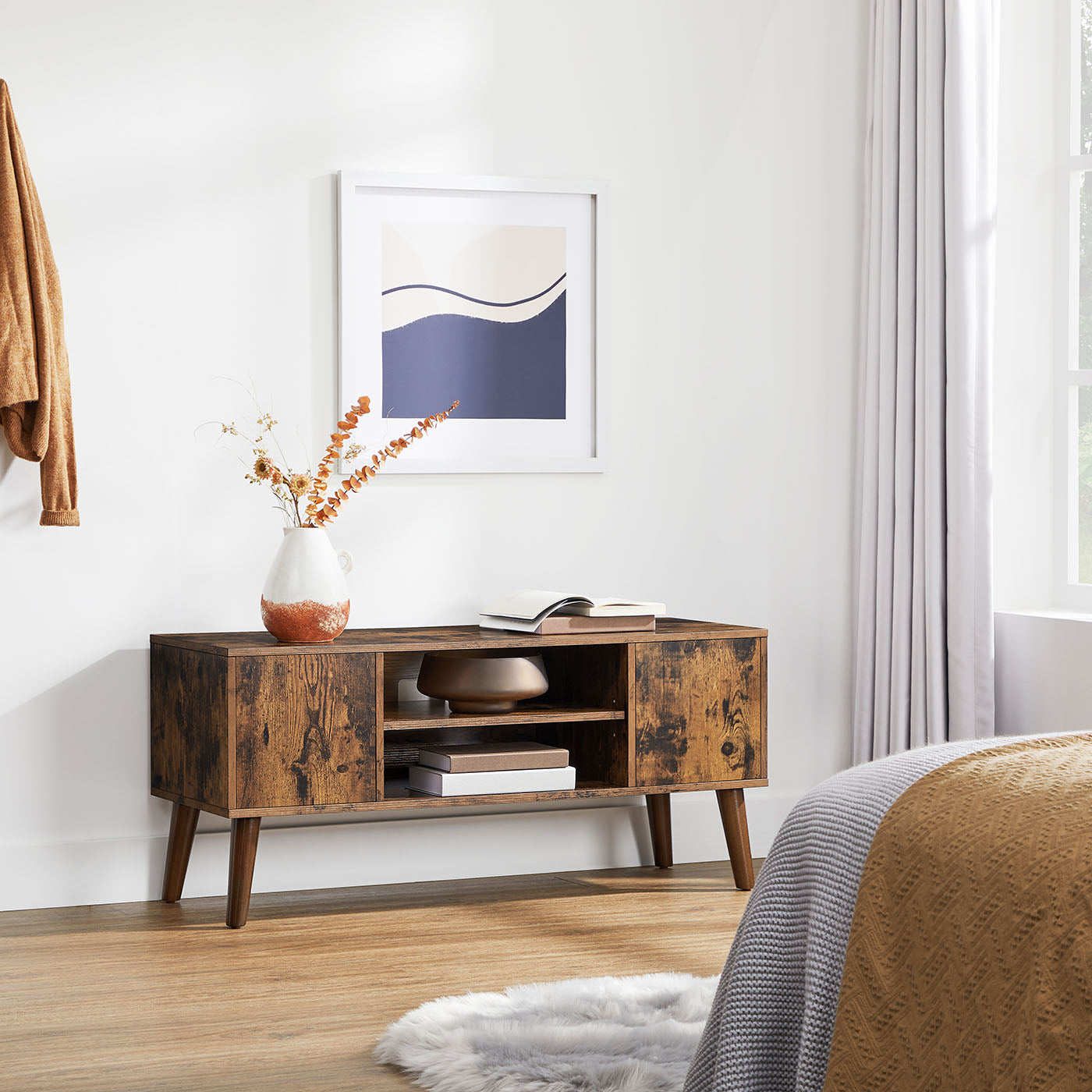 Retro TV Stand – Wood – Dark Brown – Mid-Century Modern Design for Flat Screen TVs and Consoles