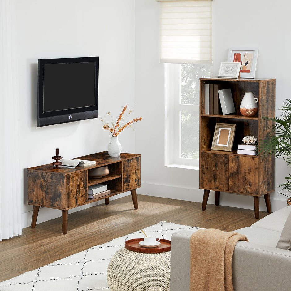 Retro TV Stand – Wood – Dark Brown – Mid-Century Modern Design for Flat Screen TVs and Consoles
