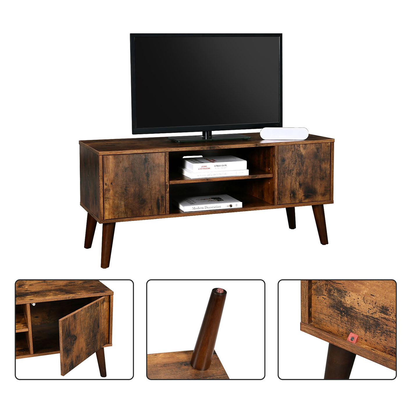 Retro TV Stand – Wood – Dark Brown – Mid-Century Modern Design for Flat Screen TVs and Consoles