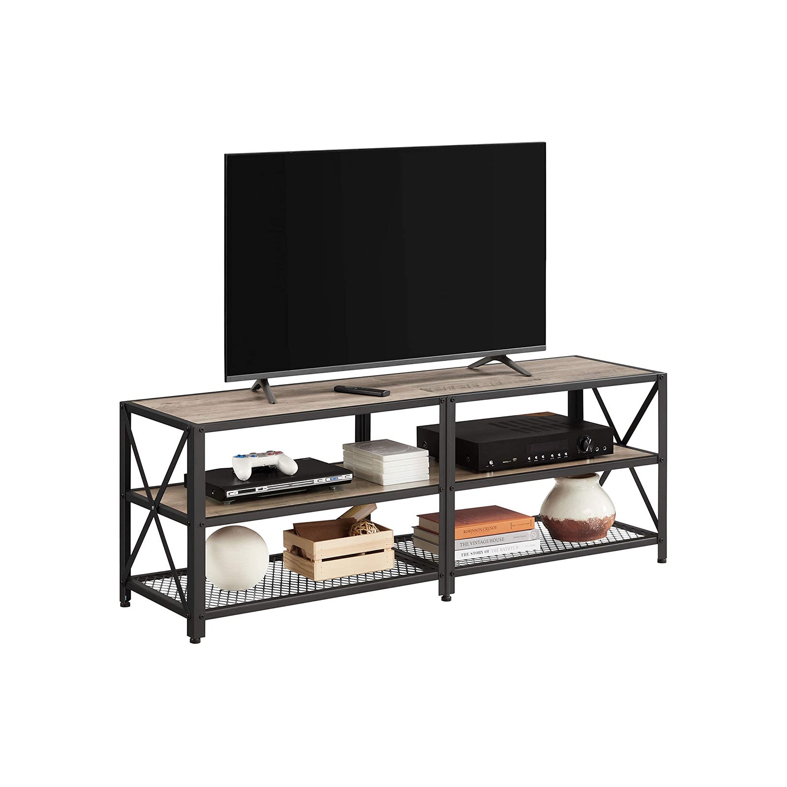 TV Stand Unit – Steel – Rustic Brown and Black – 3-Tier Design for 60-Inch TVs