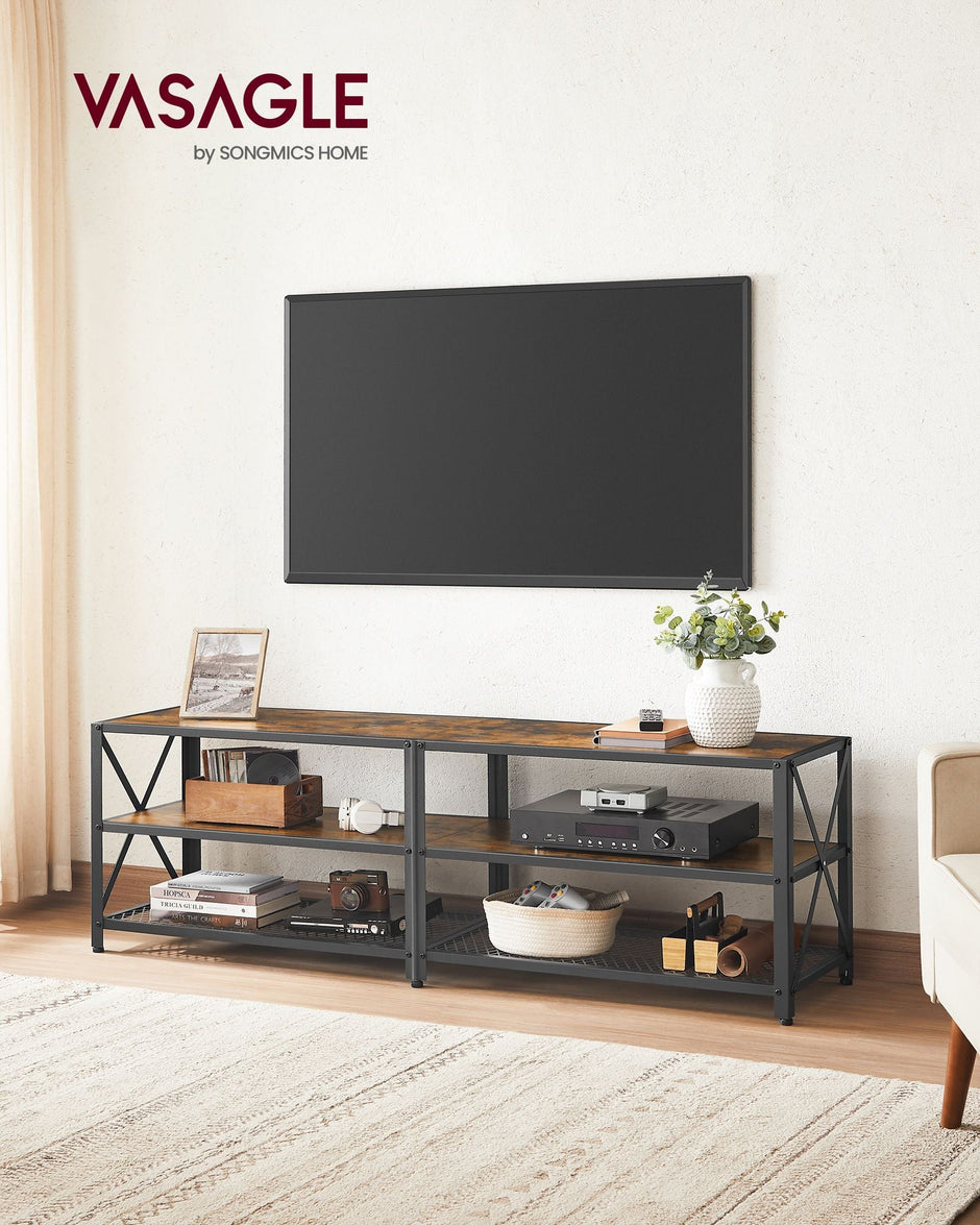 TV Stand – Steel Frame – Rustic Brown and Black – For TVs up to 70 Inches with Shelves