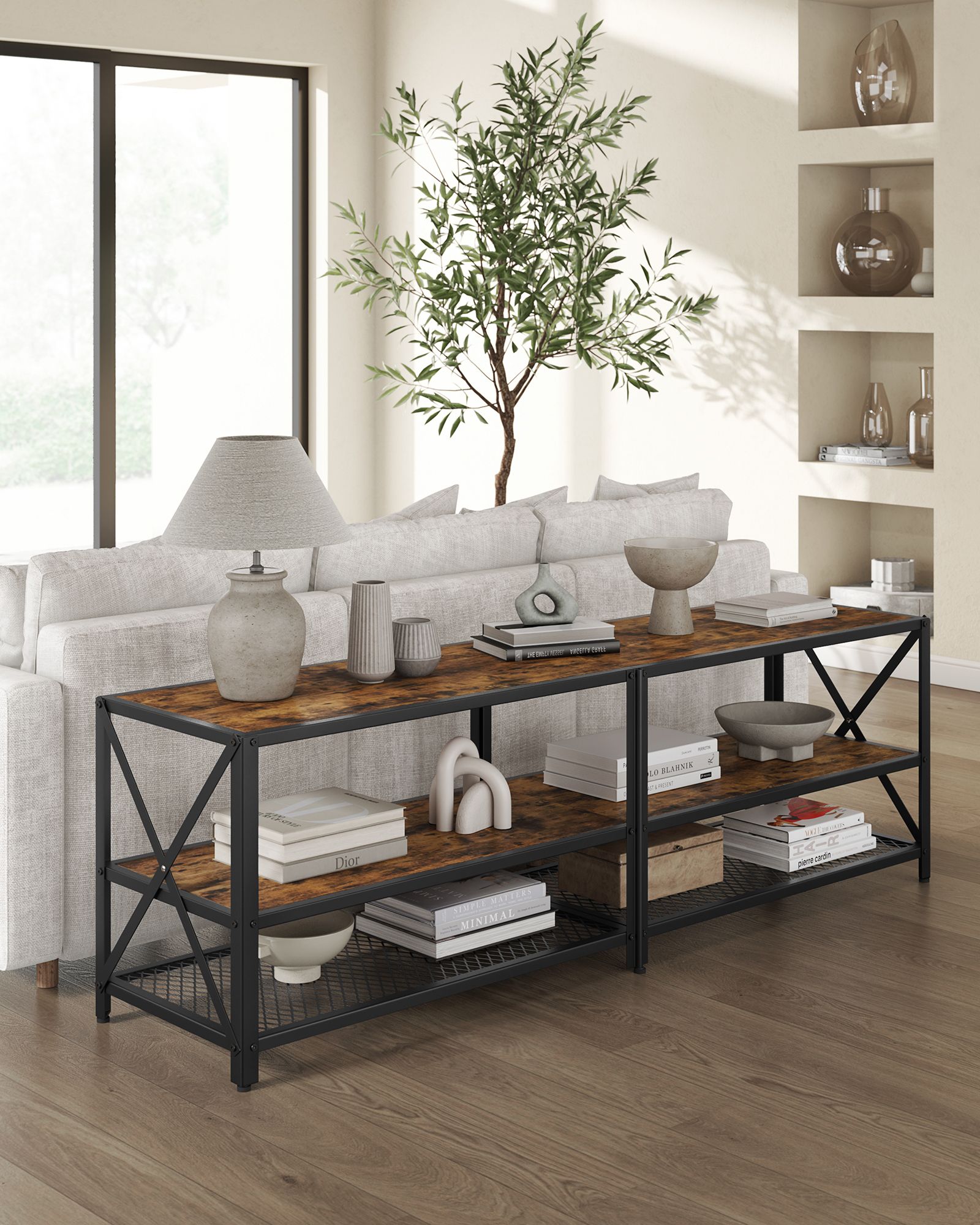 TV Stand – Steel Frame – Rustic Brown and Black – For TVs up to 70 Inches with Shelves