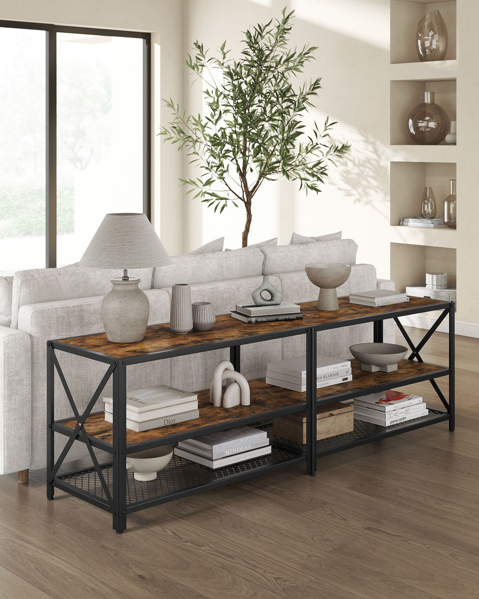 TV Stand – Steel Frame – Rustic Brown and Black – For TVs up to 70 Inches with Shelves