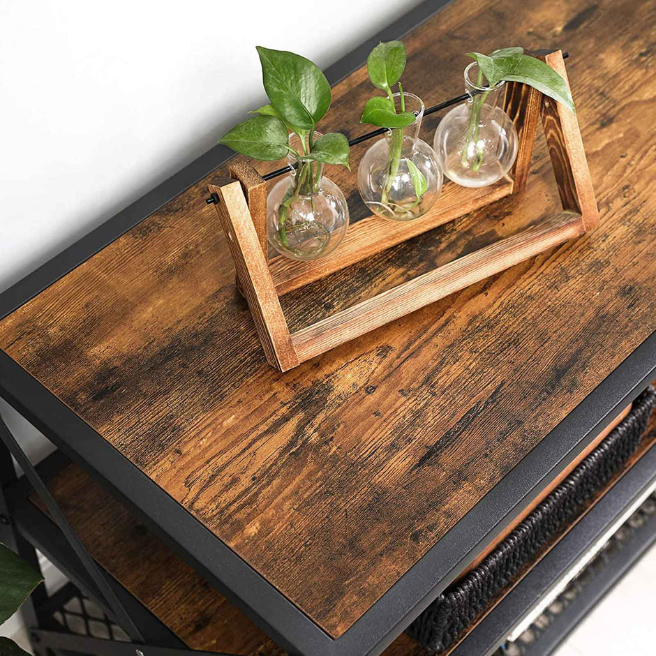 TV Stand – Steel Frame – Rustic Brown and Black – For TVs up to 70 Inches with Shelves