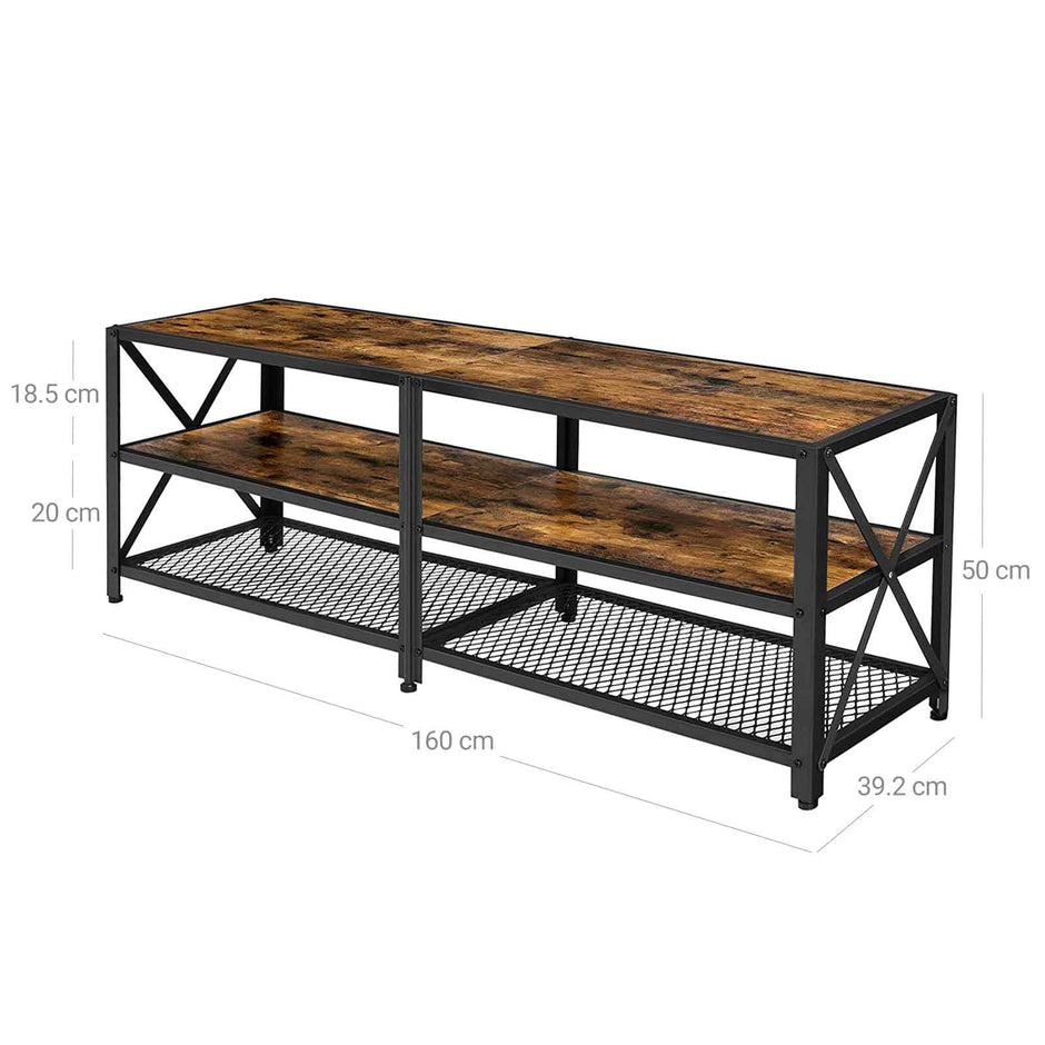 TV Stand – Steel Frame – Rustic Brown and Black – For TVs up to 70 Inches with Shelves