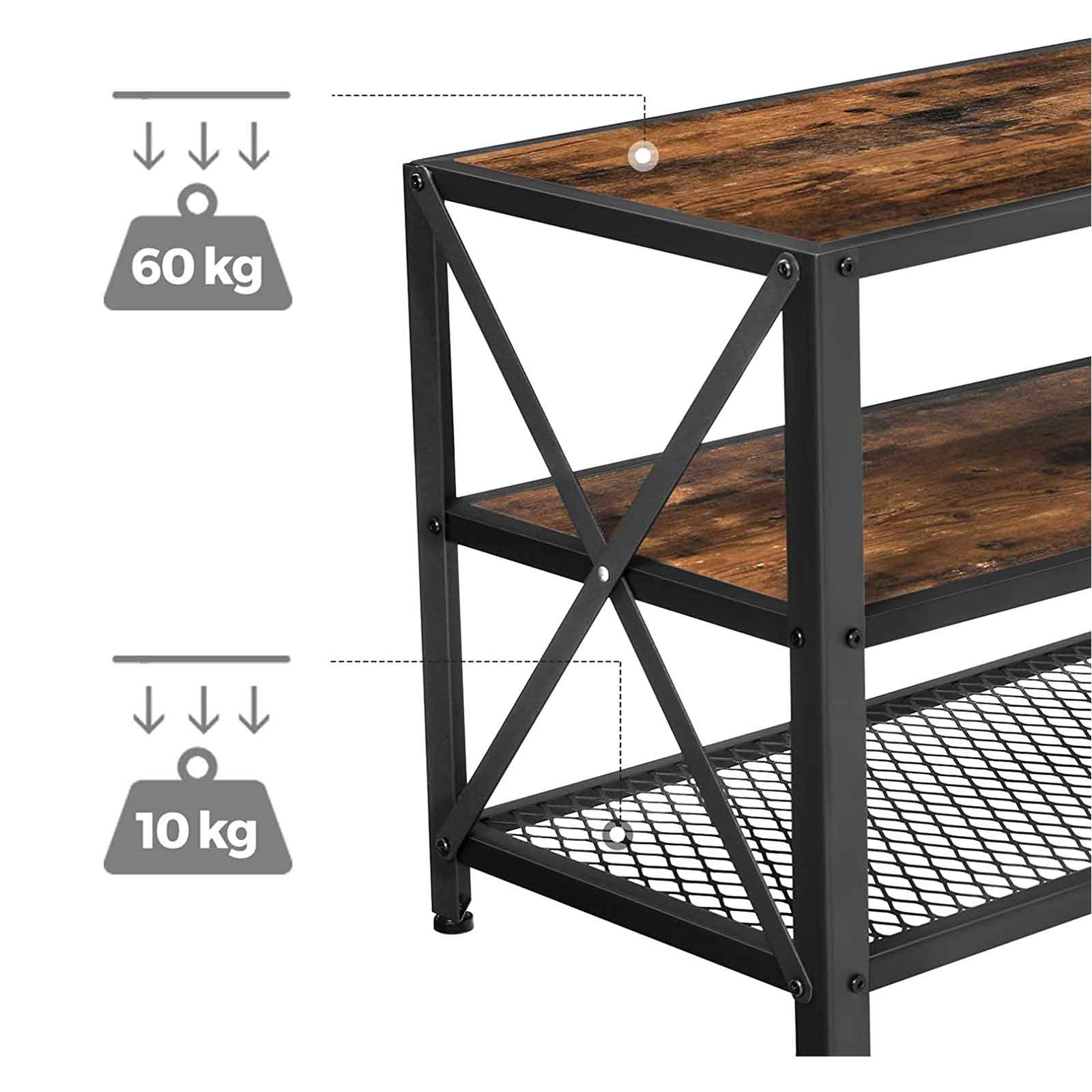 TV Stand – Steel Frame – Rustic Brown and Black – For TVs up to 70 Inches with Shelves