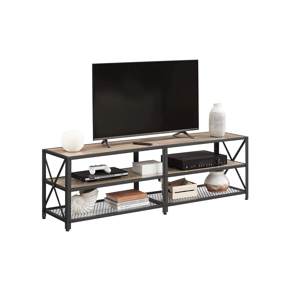 TV Stand – Steel Frame – Rustic Brown and Black – For TVs up to 70 Inches with Shelves