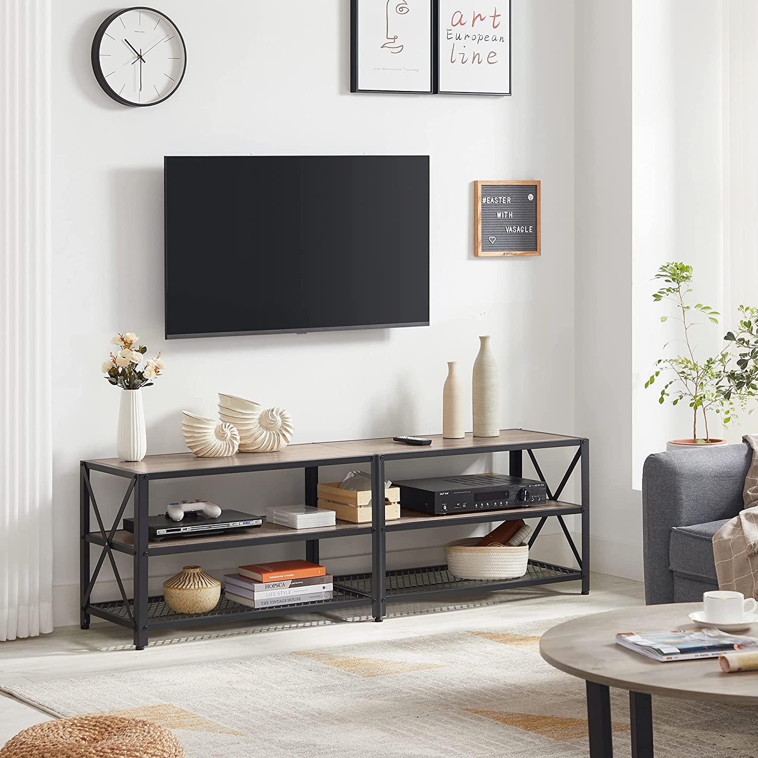 TV Stand – Steel Frame – Rustic Brown and Black – For TVs up to 70 Inches with Shelves