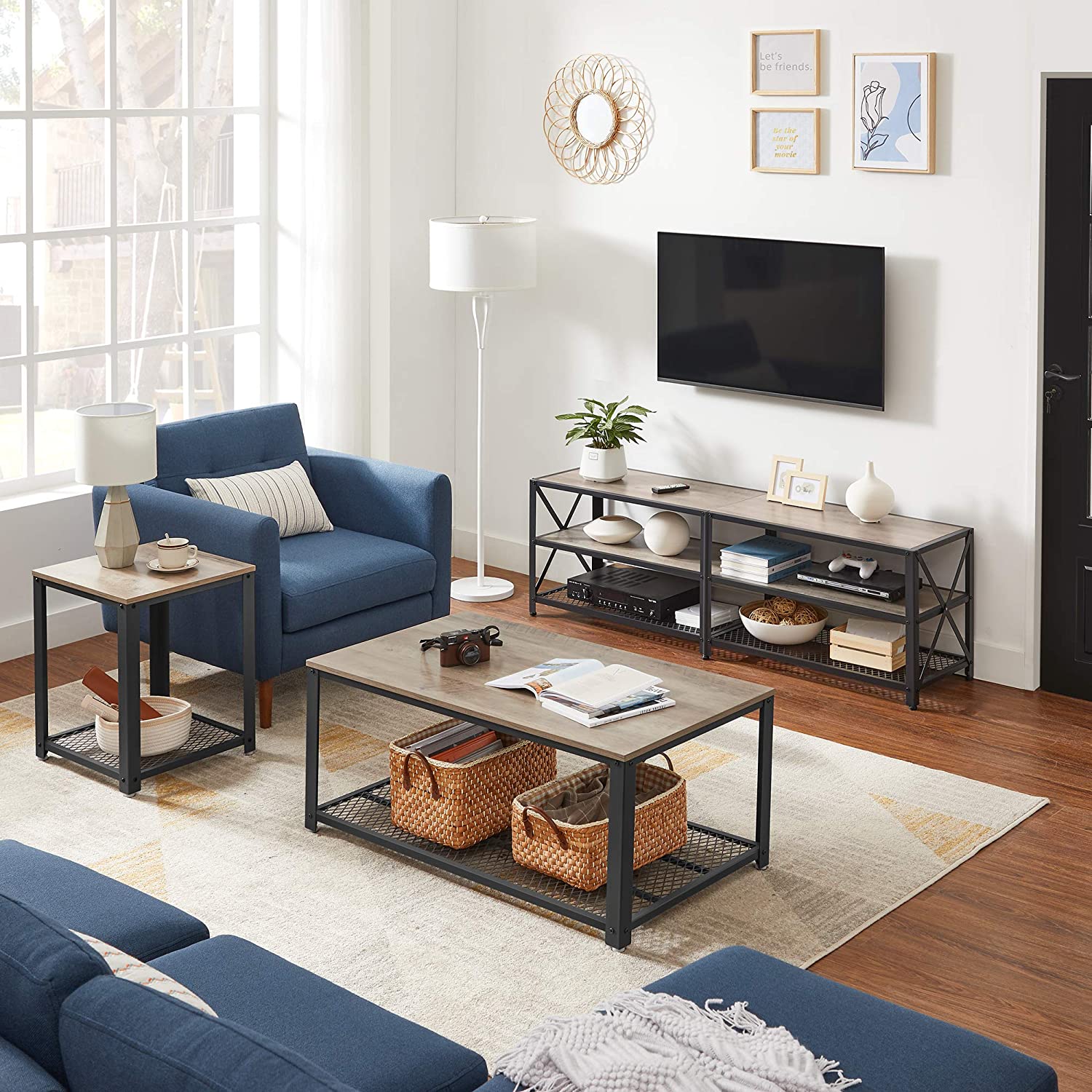 TV Stand – Steel Frame – Rustic Brown and Black – For TVs up to 70 Inches with Shelves