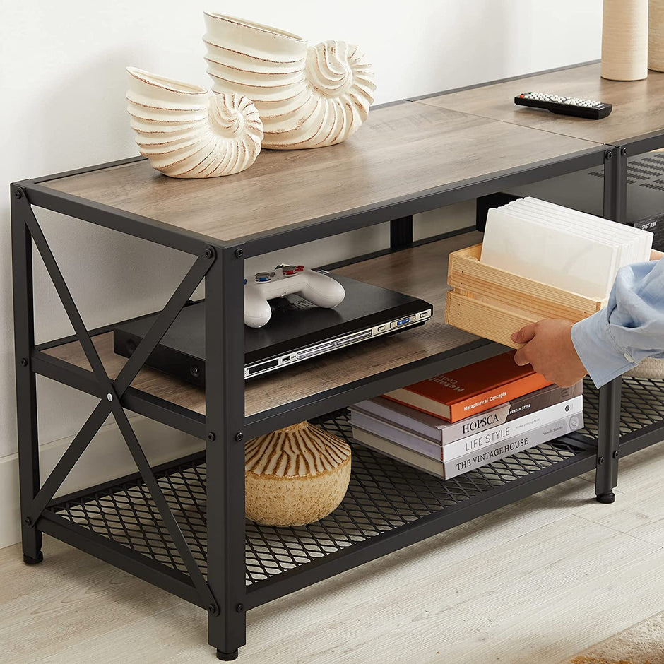 TV Stand – Steel Frame – Rustic Brown and Black – For TVs up to 70 Inches with Shelves