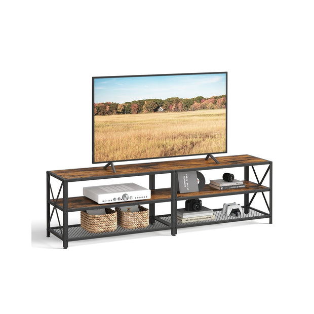 TV Stand – Steel Frame – Rustic Brown and Black – Suitable for TVs up to 75 Inches with Shelves