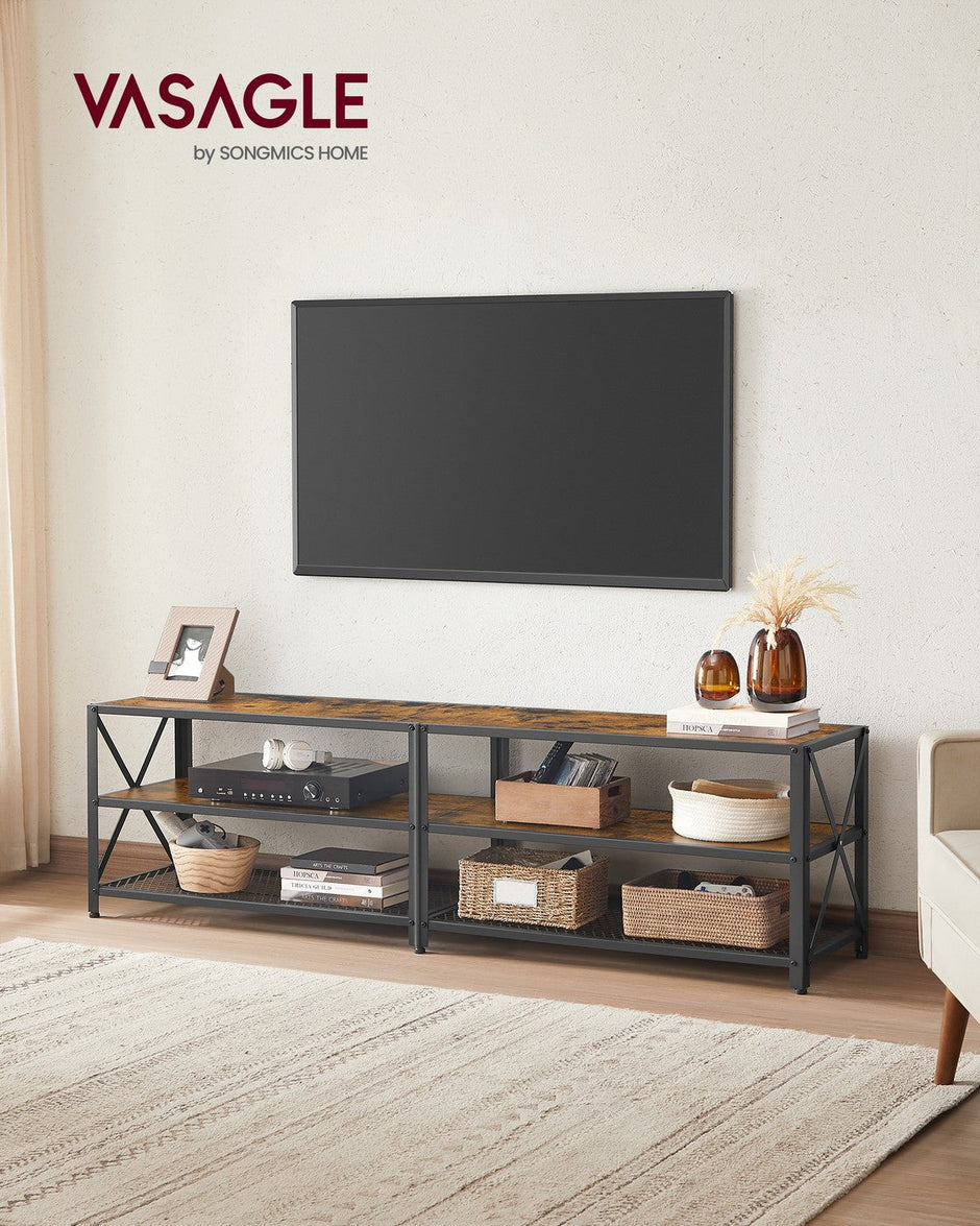 TV Stand – Steel Frame – Rustic Brown and Black – Suitable for TVs up to 75 Inches with Shelves