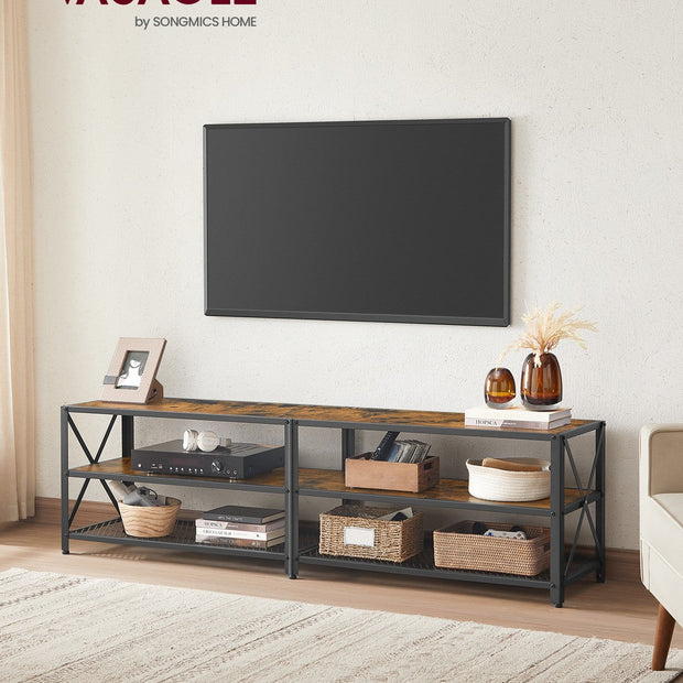 TV Stand – Steel Frame – Rustic Brown and Black – Suitable for TVs up to 75 Inches with Shelves