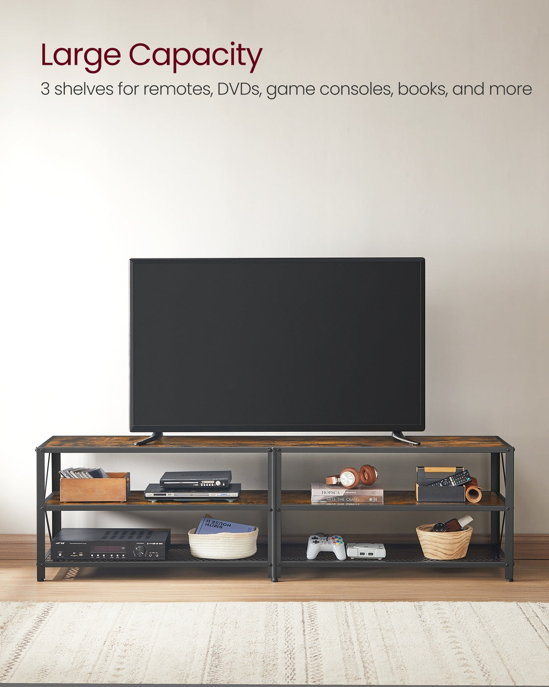 TV Stand – Steel Frame – Rustic Brown and Black – Suitable for TVs up to 75 Inches with Shelves