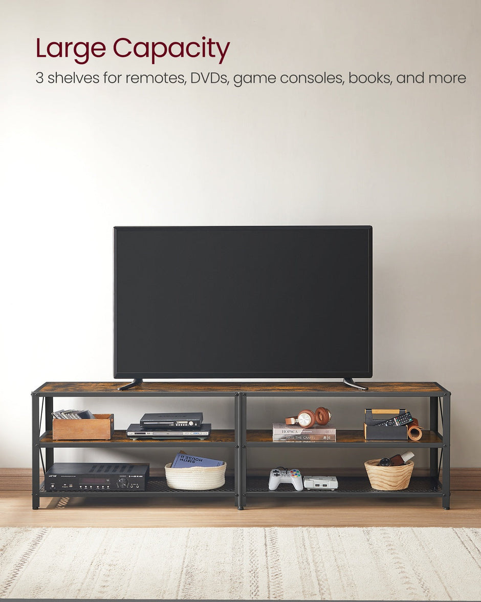 TV Stand – Steel Frame – Rustic Brown and Black – Suitable for TVs up to 75 Inches with Shelves