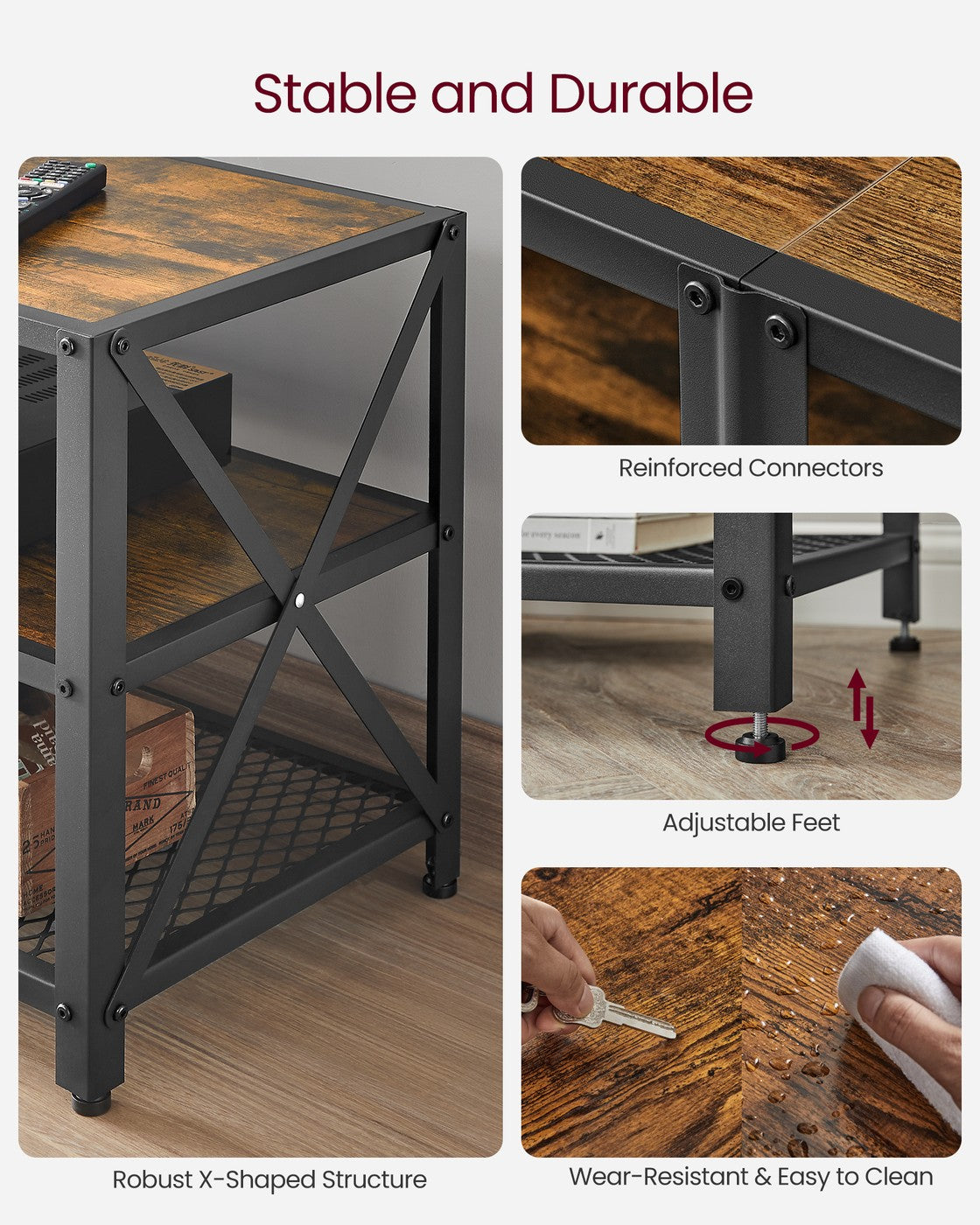TV Stand – Steel Frame – Rustic Brown and Black – Suitable for TVs up to 75 Inches with Shelves