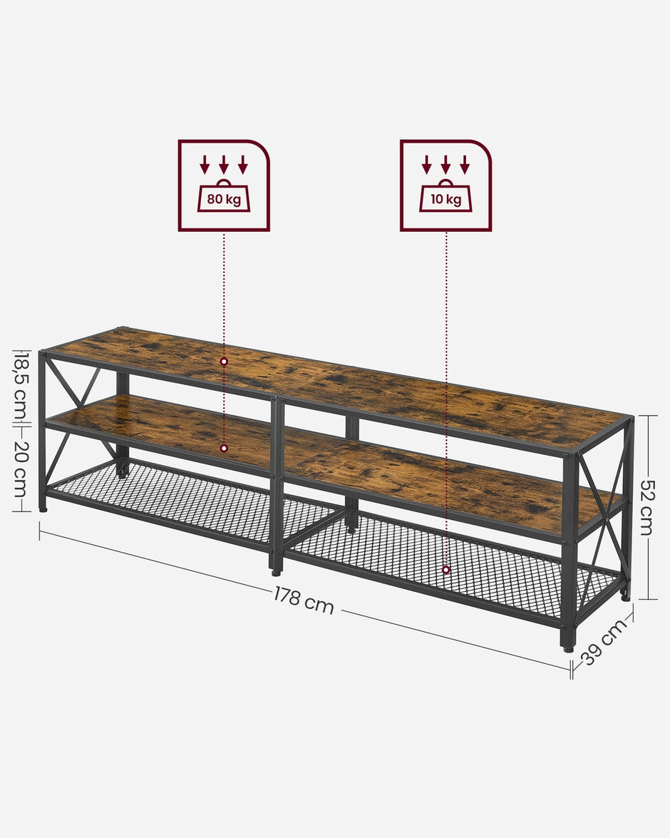 TV Stand – Steel Frame – Rustic Brown and Black – Suitable for TVs up to 75 Inches with Shelves