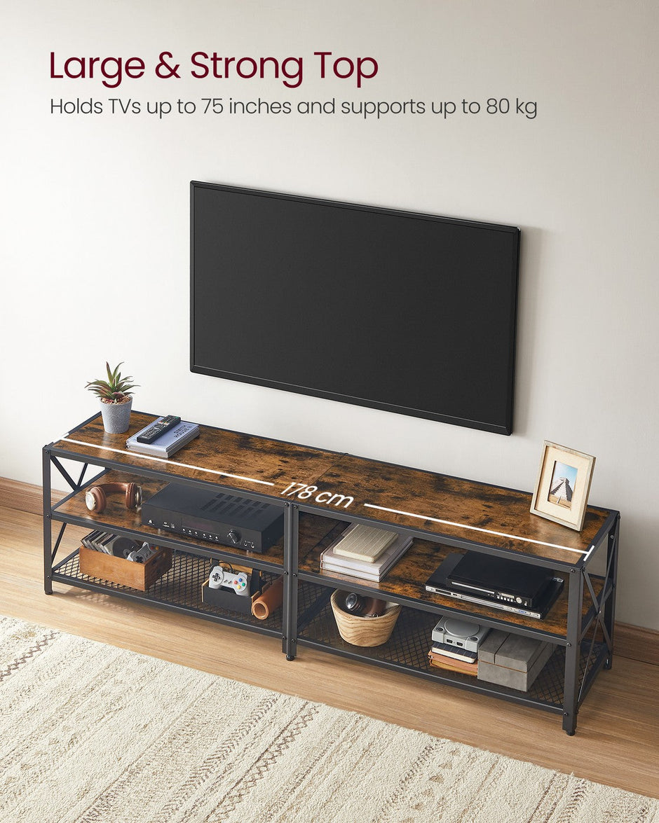 TV Stand – Steel Frame – Rustic Brown and Black – Suitable for TVs up to 75 Inches with Shelves