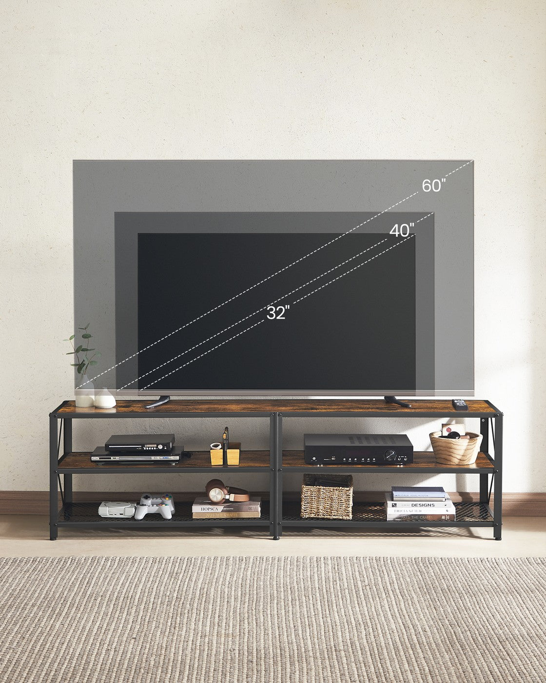 TV Stand – Steel Frame – Rustic Brown and Black – Suitable for TVs up to 75 Inches with Shelves