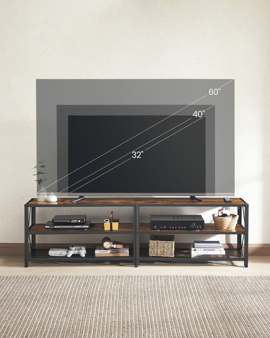 TV Stand – Steel Frame – Rustic Brown and Black – Suitable for TVs up to 75 Inches with Shelves