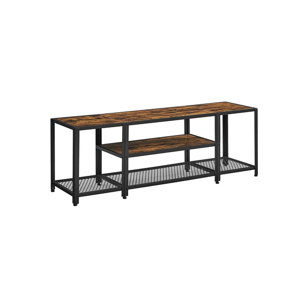 TV Stand – Wood and Metal – Rustic Brown and Black – Multi-Tier Design with Open Storage Shelves