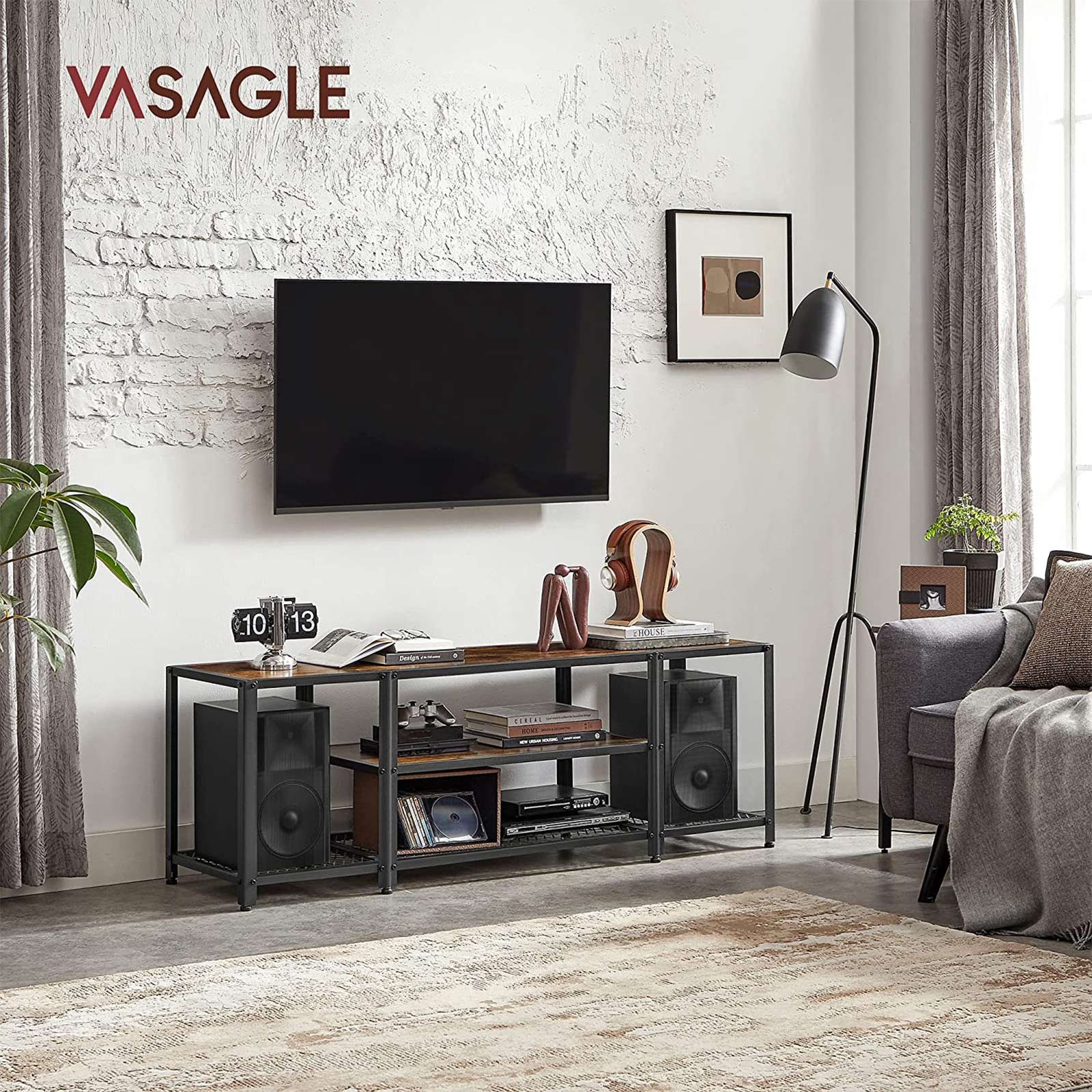 TV Stand – Wood and Metal – Rustic Brown and Black – Multi-Tier Design with Open Storage Shelves